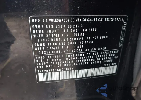 2019 Volkswagen Tiguan 2.0T Se/2.0T Sel/2.0T Sel R-Line/2.0T Sel R-Line Black из США, поврежденный, VIN 3VV2B7AX1KM016264